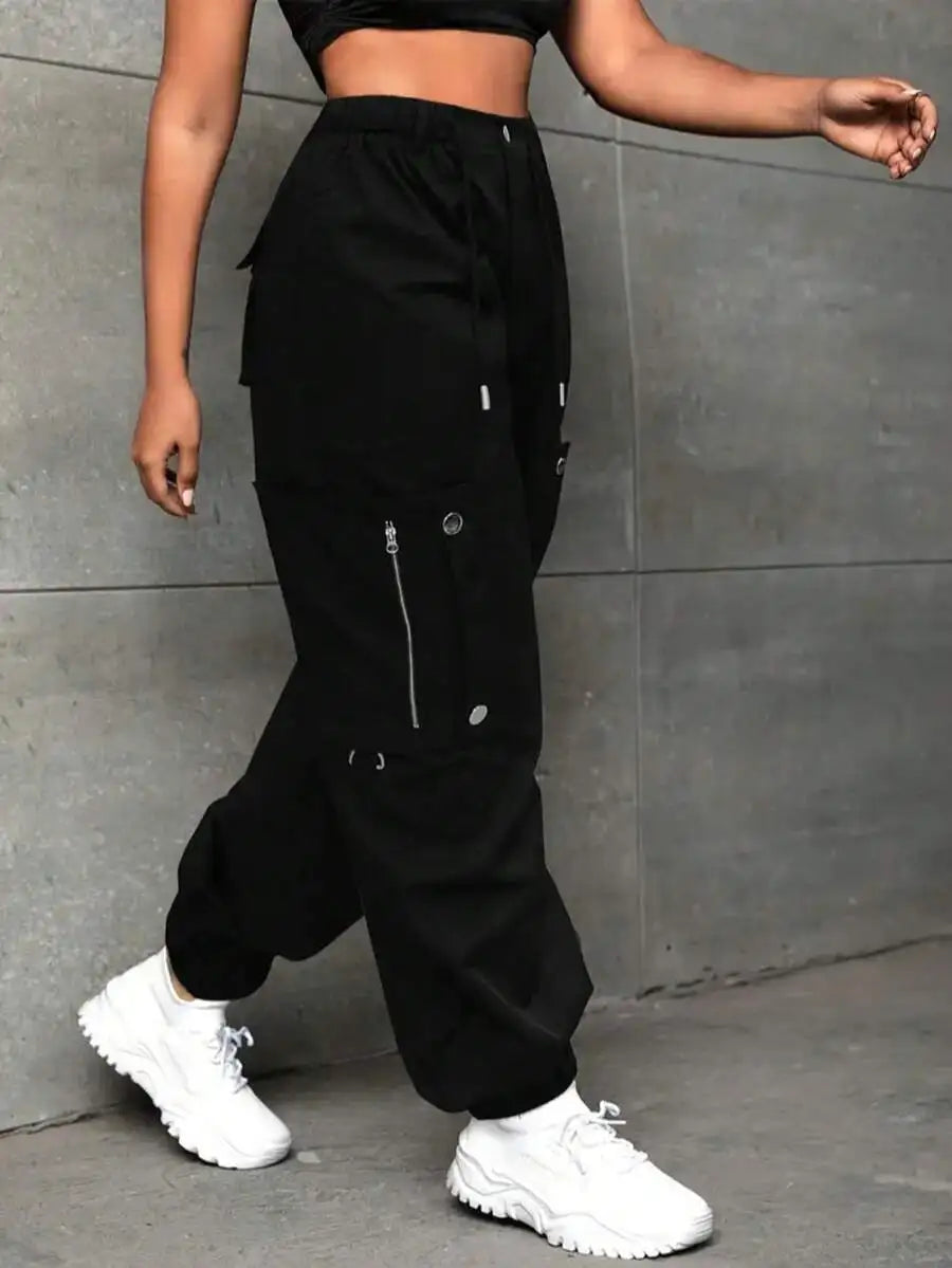 Plus Size Cargo Parachute Pants For Women, High Waist Baggy Fit Polyester Pants, Vibrant Red Streetwear Pants With Zipper