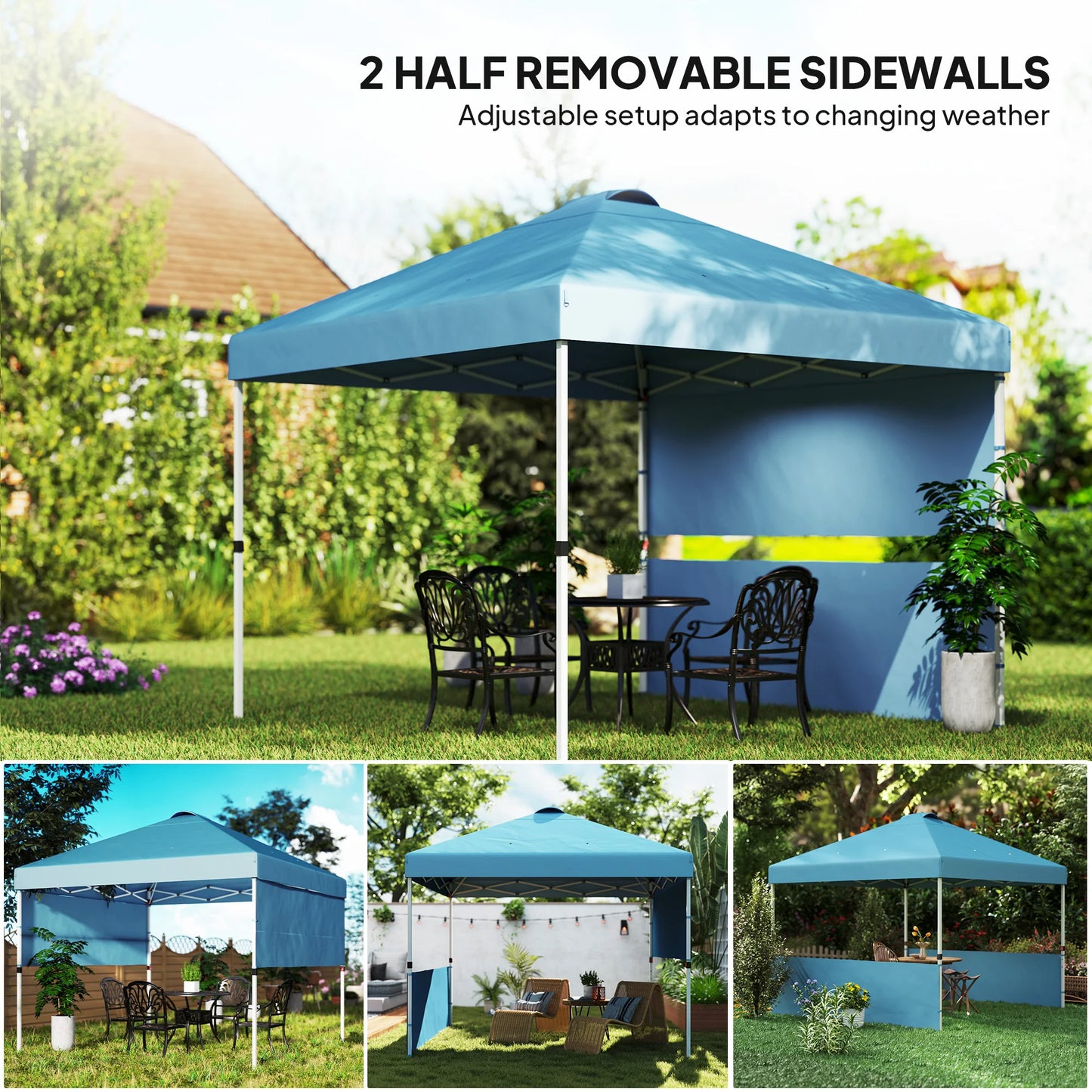 10' X 10' Pop up Canopy Tent with 2 Half Sidewalls, Sea Blue