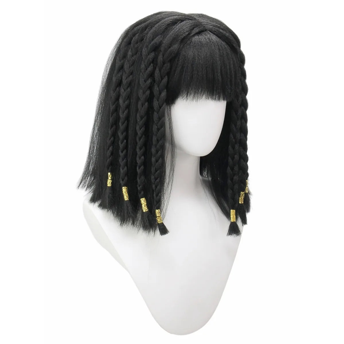 Black Braided Bob Wig Synthetic Short Bangs Gold Beads African Egyptian Queen Costume Wig Halloween Cosplay Party Carnival