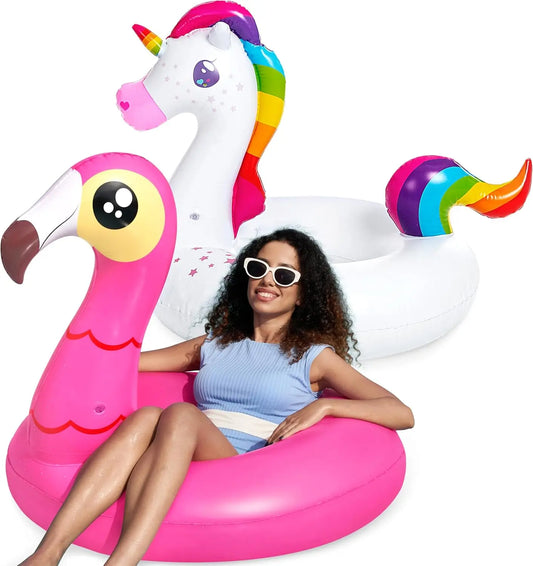 2-Pack Unicorn & Flamingo Pool Floats - Inflatable Swim Rings for Adults & Kids, Summer Beach Party Decorations