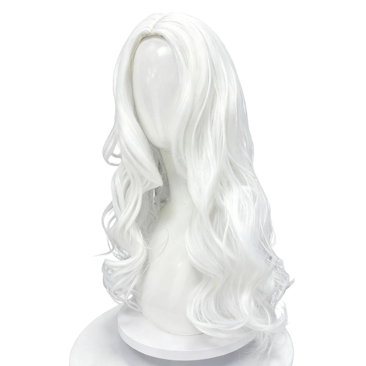 Pure White Premium Synthetic Fiber Long Curly Wig Big Waves Fluffy Voluminous Spiral Curls Middle Part with Bangs Heat Resistant Adjustable Cap for Women Girls Cosplay Party Halloween Costume Role Play Stage Show Photo Shoot