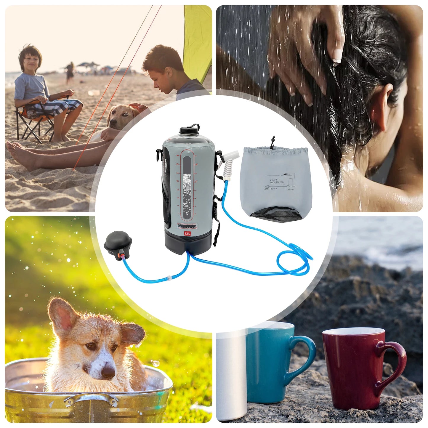 12L Portable Camping Shower Bag Outdoor Camping Tourism Shower Bag Folding Solar Water Bag Hose Showers for Hiking Backpacking T