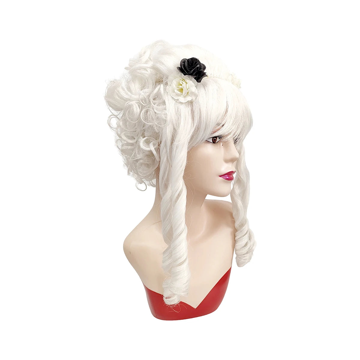 White Premium Synthetic Fiber Curly Wig with Bangs Spiral Curls Side Braids Fluffy Voluminous Updo with Pearl Flower Headband Black White Rose Accessories Lolita Gothic Style Adjustable Cap for Women Girls Cosplay Party Hallo