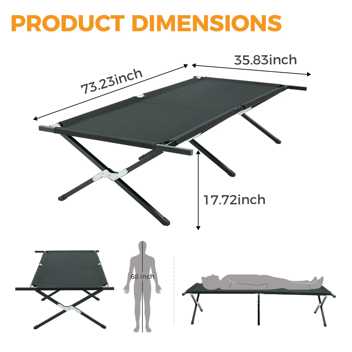 JHK Collapsible Camping Cot Lounge Chair 73' X 36' Portable Folding Sleeping Cot 300 LBS Capacity Sturdy Frame for Outdoor