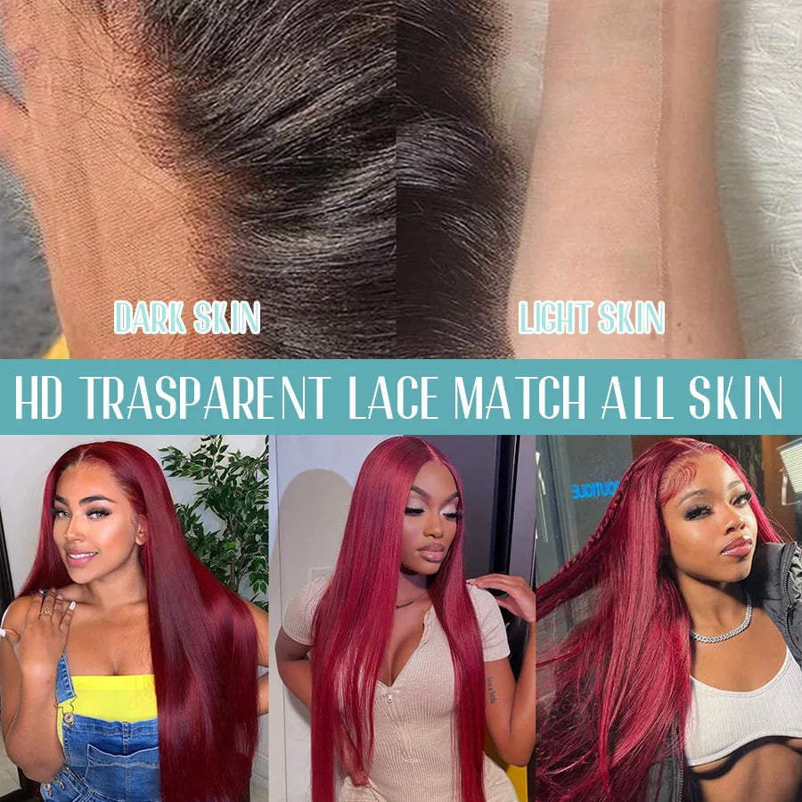 Bone Straight 99J 200% Density 40 Inches 13x6 13x4 HD Transparent Lace Frontal Wig Human Hair Wigs Burgundy Wine Red Pre Plucked For Women Brazilian Hair  Halloween Wig