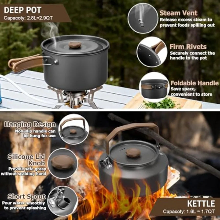 18Pcs Camping Cookware Mess Kit, 7.8" Nonstick Camp Cooking Utensil Set Pot, Pan, Kettle, Grill Grate,Outdoor Backpacking Gear