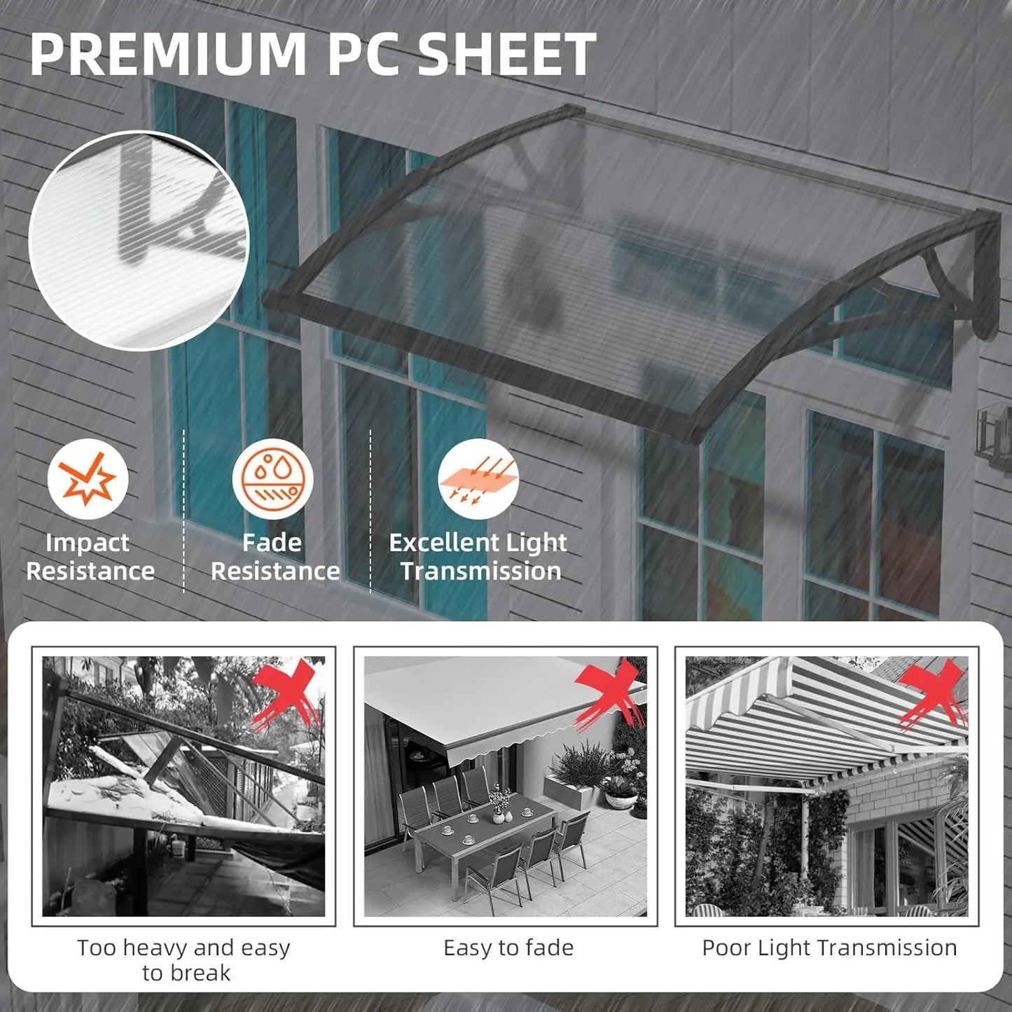 Large Sink Window Door Awning Canopy Outdoor Waterproof Roof Cover For Door Entrance Patio Window Polycarbonate Hollow Sheet