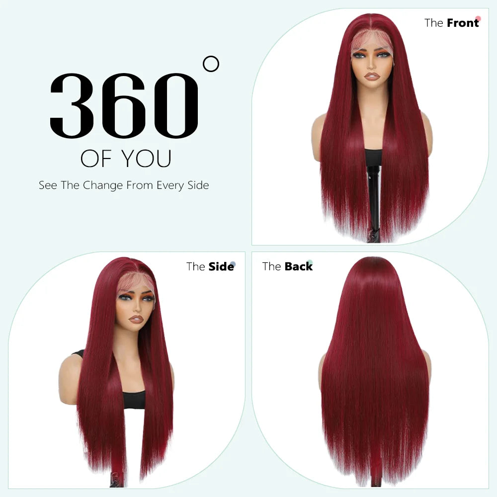 Bone Straight 99J 200% Density 40 Inches 13x6 13x4 HD Transparent Lace Frontal Wig Human Hair Wigs Burgundy Wine Red Pre Plucked For Women Brazilian Hair  Halloween Wig