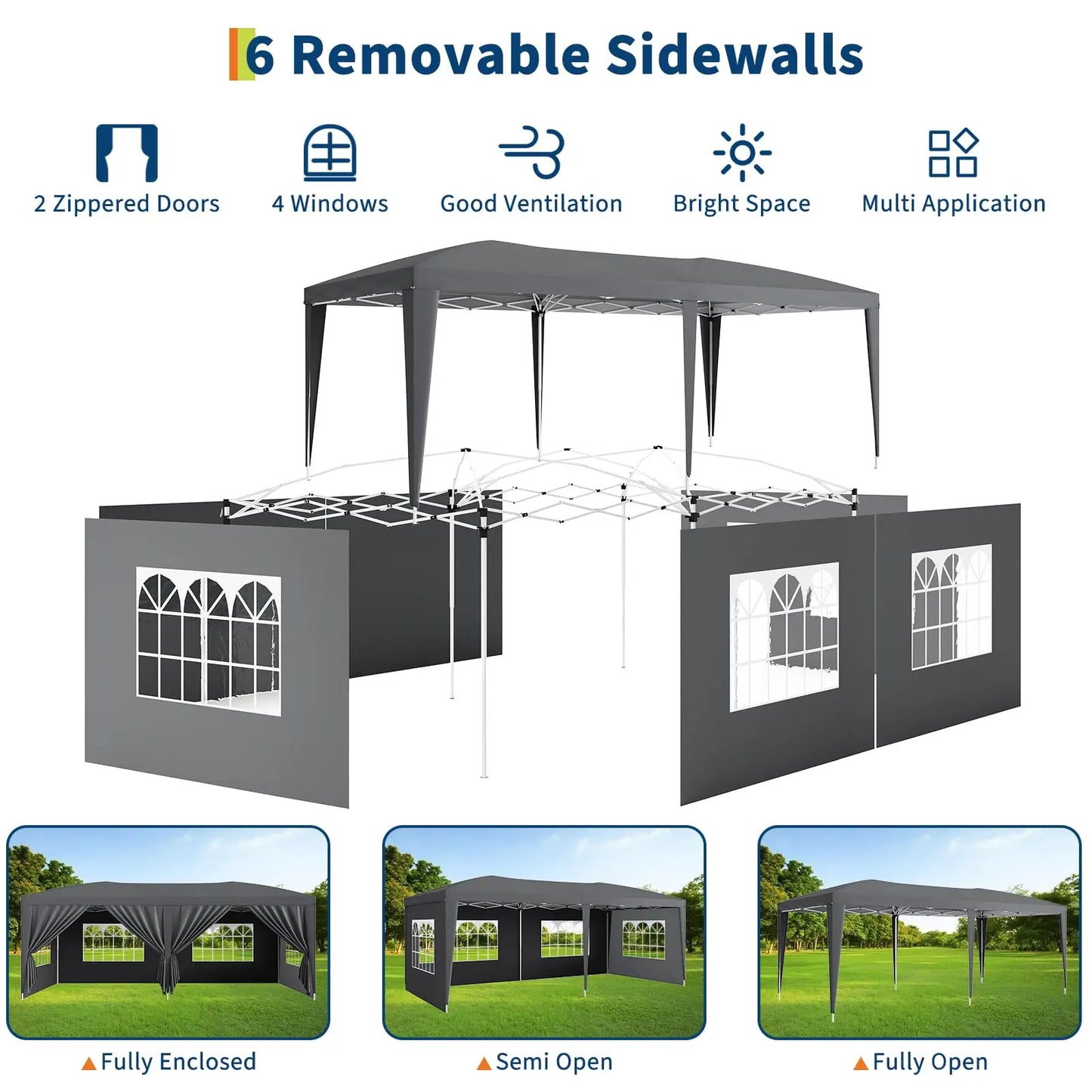 10x20 Pop Up Canopy Tent With 6 Removable Sidewalls, Heavy Duty Commercial Canopy, Waterproof Party Tent, 3 Heights