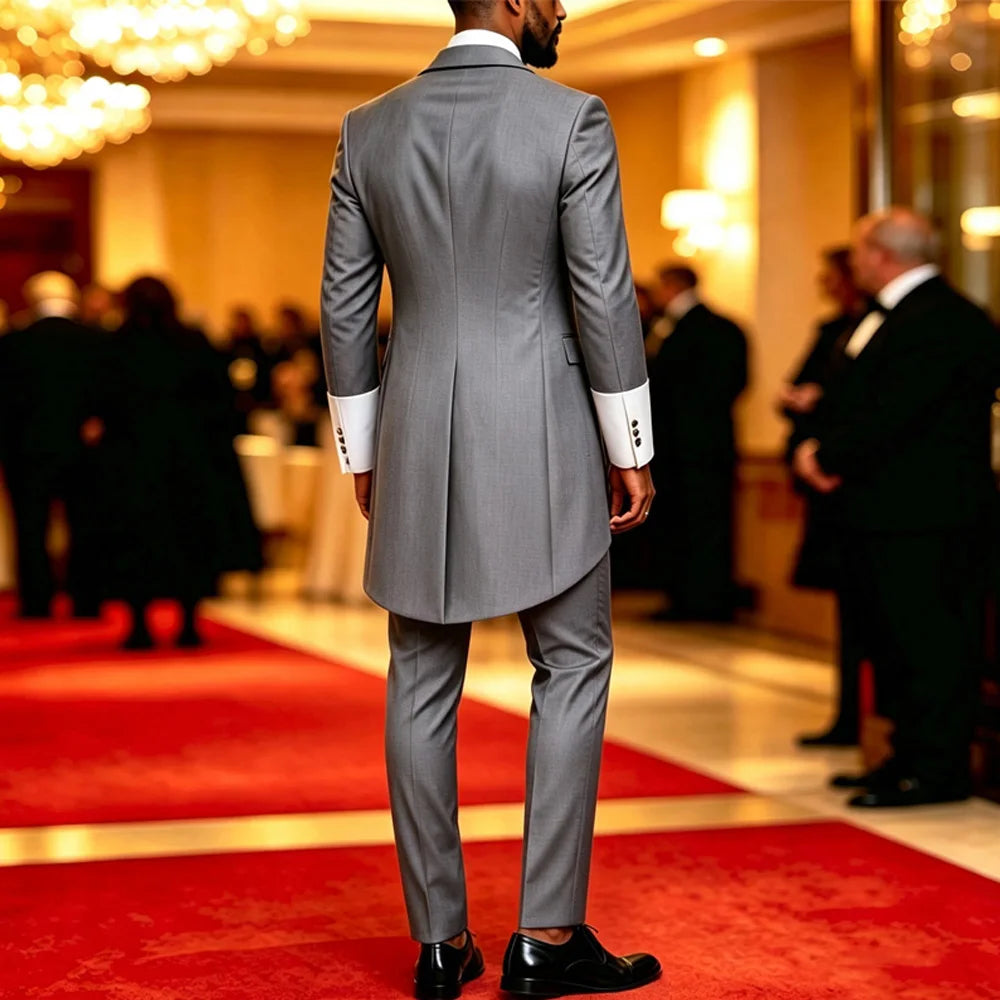 Men Tailcoat Suit 2 Pieces Double Breasted Brown Tuxedo White Contrast Lapel Cuff Groom Wedding Formal Evening Party Jacket Pants