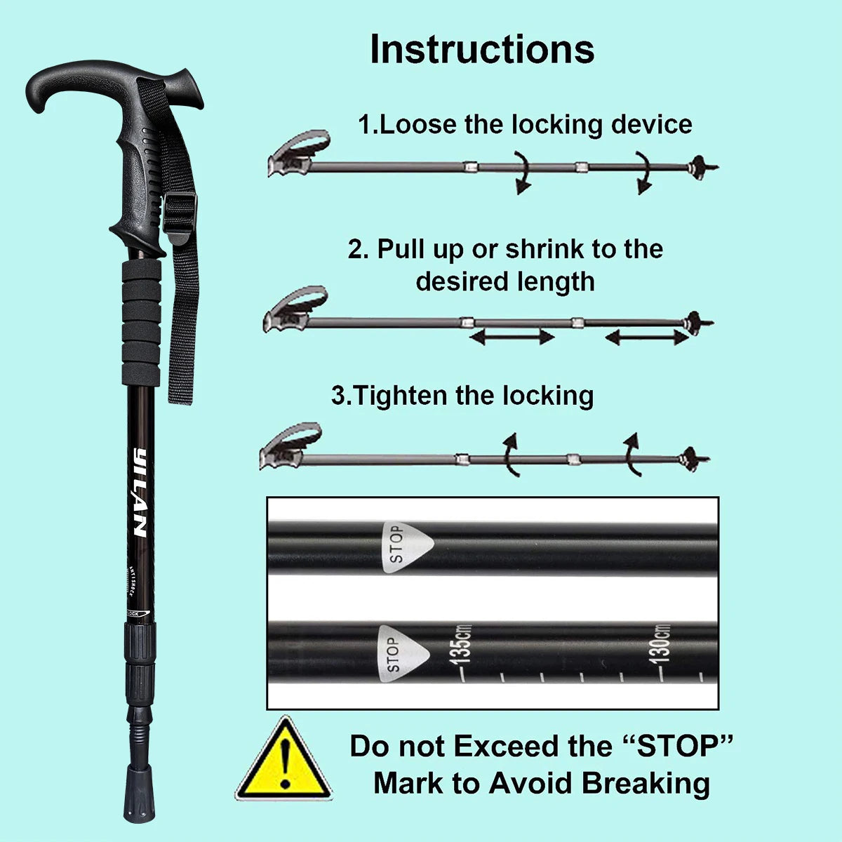 Ultralight hiking poles with shock absorption and quick-locking system, made of aluminum alloy, suitable for outdoor mountaineering, hiking, trekking, backpacking, and camping.