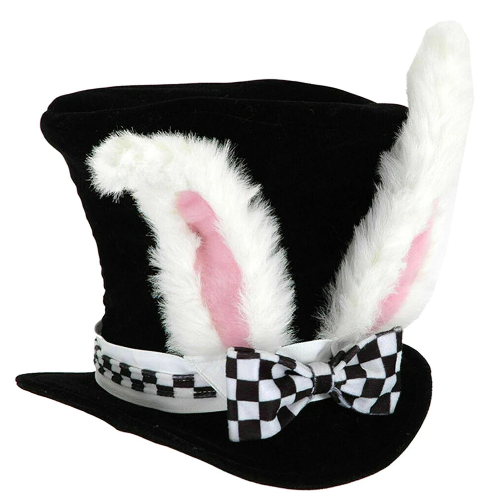 Alice in Wonderland White Rabbit Top Hat Plush Bunny Ears Black Velvet Tall Hat Checkered Bow Tie Cosplay Costume Hat for Halloween Easter Party Fancy Dress