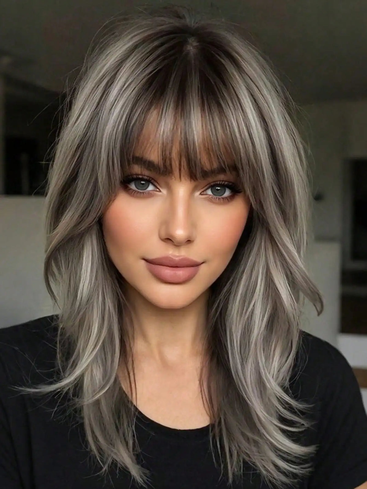 Halloween Wig TopShe Medium Length Wig Grey Curly Wig for Woman 18 inch Heat Resistant Silver Grey Synthetic Wig Layered Medium Long Shaggy Hair Wig osplay Costume Party Daily Wear Natural Ash Grey Salt and Pepper Hairpiece F