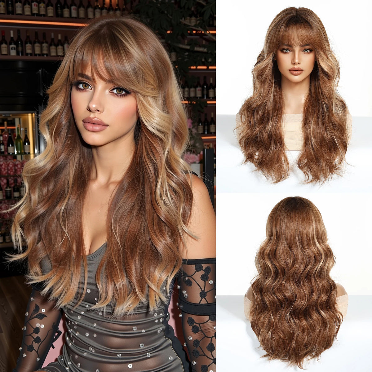 Halloween Wig 24 Inch Long Synthetic Wig with Bangs Auburn Brown Blonde Heat Resistant for Woman Dimensional Highlights Soft Layered Waves Curly Wavy Hair Wigs for Women Cosplay Costume Party Daily Wear Natural Looking Volumi