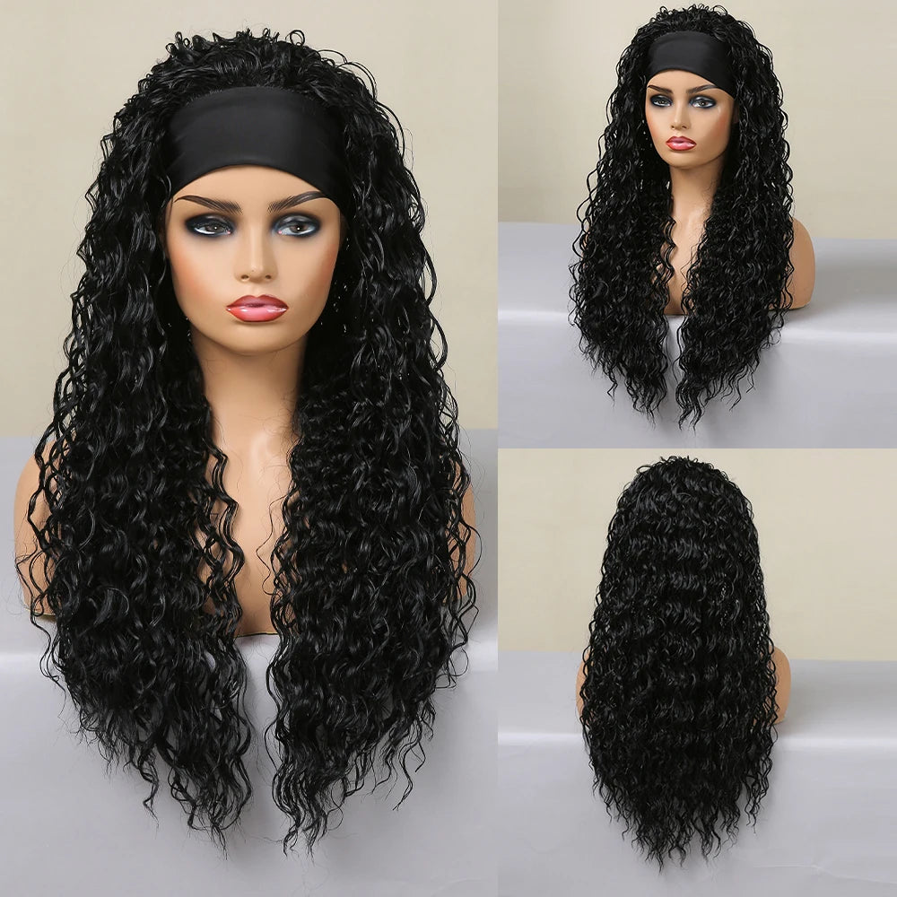 Halloween Wig TopShe Headband Wig Long Body Wave Wig with Headband Blanck Curly Synthetic Wig for Woman 26inch Heat Resistant Fiber Kinky Curly Wave Glueless Daily Party Cosplay Costume Soft Natural Looking