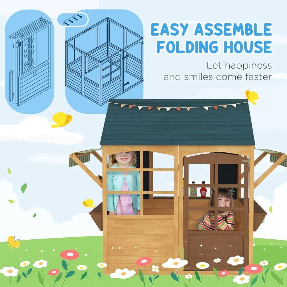 Foldable Outdoor Playhouse, Wooden Cabin with Windows, Hinged Door, Bar, and Waterproof Cover; Customizable