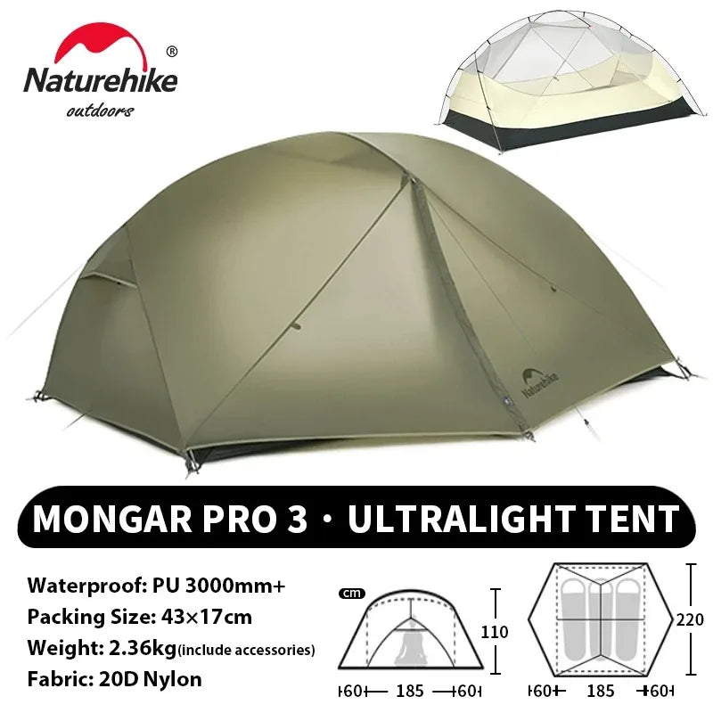 Naturehike Mongar PRO Ultralight 1/2/3 Person Tent Camping Outdoor Waterproof 20D Nylon Backpacking Travel Cycling Tent