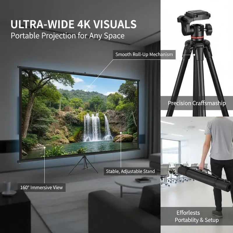 Portable Projection Display 110inch 16:9 4K HD Movie Screen with Tripod For Home Cinema, Outdoor Gaming, Office Presentation, Wrinkle-Free Surface Height Adjustable Manual Folding Structure