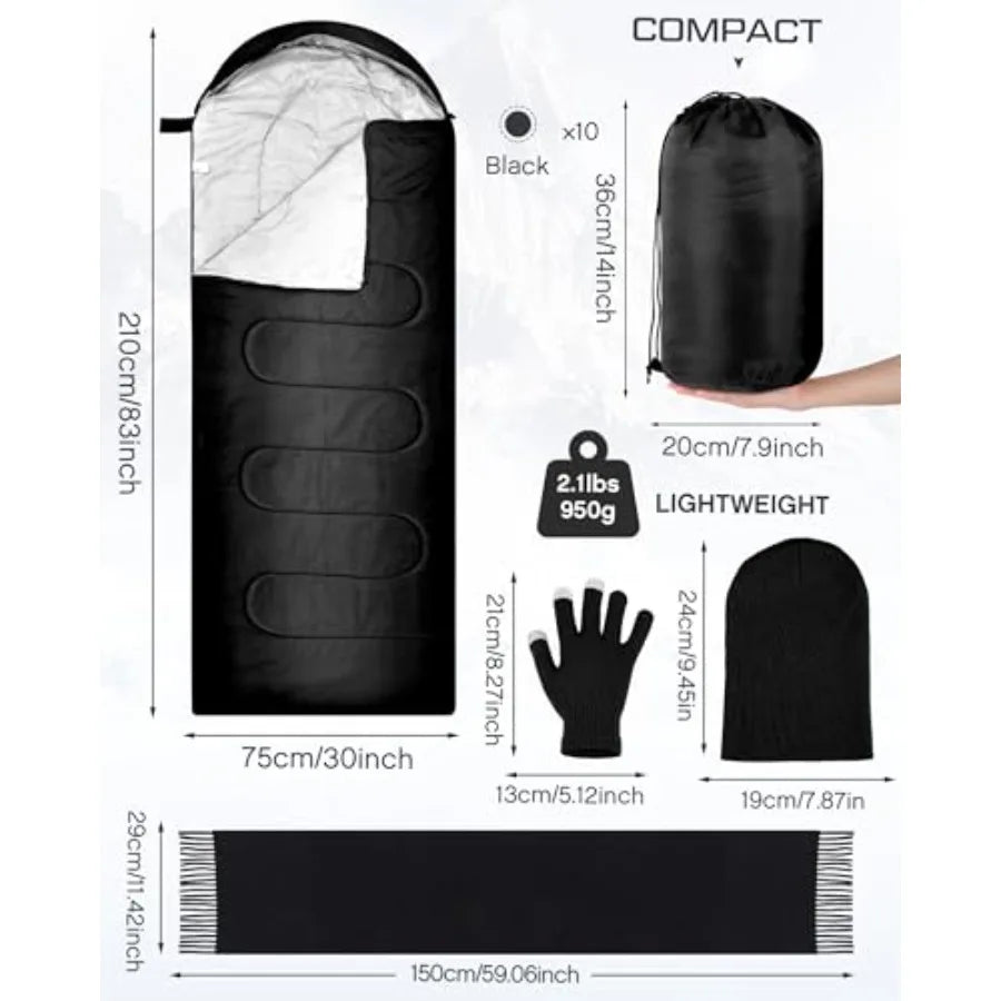 40 Pcs Sleeping Bags for Adult Bulk with Winter Beanie Hat Touch Screen Gloves Scarves Waterproof Cotton Liner Cold Weather