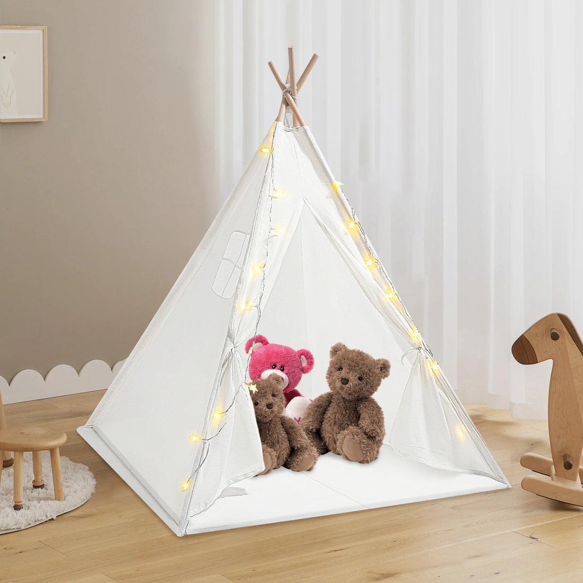 Kids Teepee Play Tent Set, 120120140cm White Cotton Linen 160cm Wood Poles Star Light Mat Assembly Accessories, Foldable Window Curtain Washable Tear-proof Cloth Stable Frame, Bedroom Reading Nook Birthday Indoor Picnic Decor