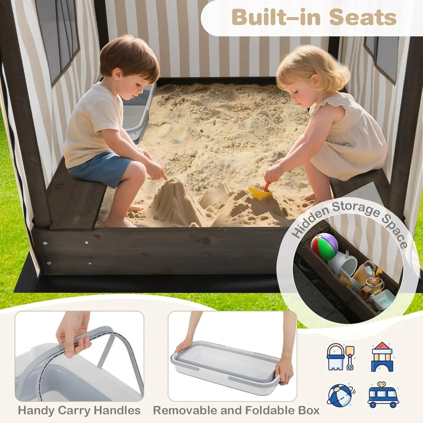 Kids Wooden Sandbox with Canopy, Large Sand Pit w/Mesh Door, Windows, Bench Seats, Foldable Storage Box & Bottom, Customized
