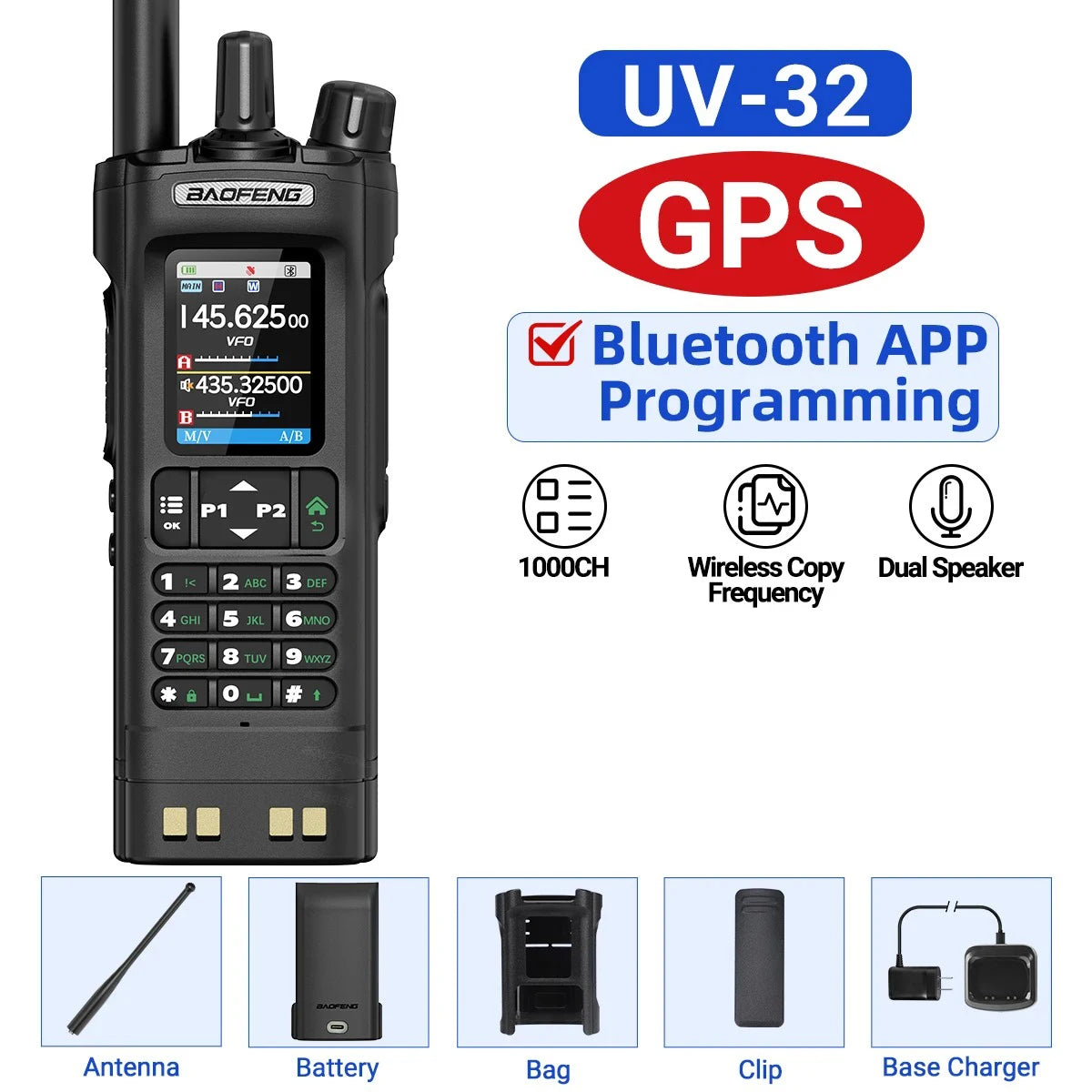 BAOFENG UV-32 GPS Walkies Talkie AM FM Long Range Bluetooth Programming 10W Wireless Copy Frequency 1000CH Two Way Radio