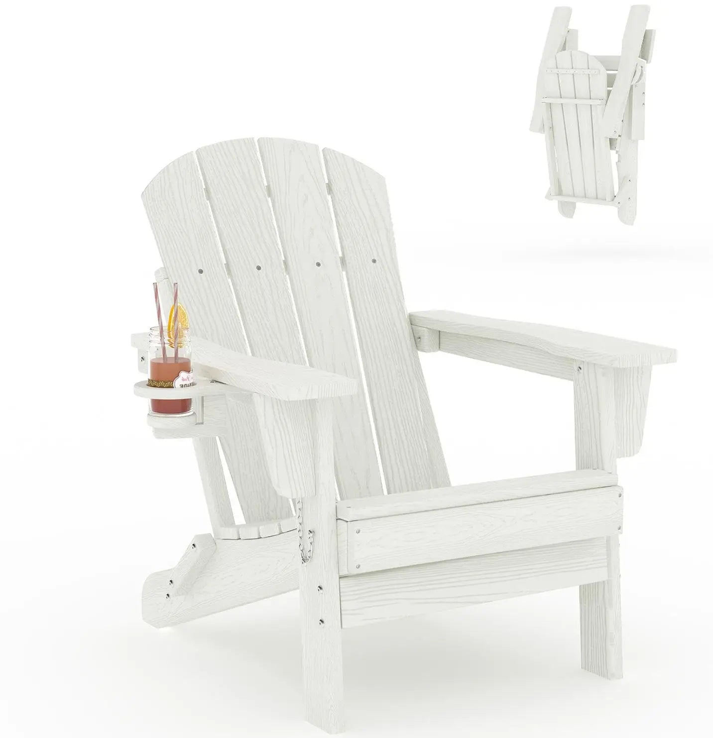 1 PC Folding Adirondack Chair, All-Weather HDPE Outdoor Chair, Wooden Textured with Cup Holder for patios, Decks, Gardens, Fire Pits