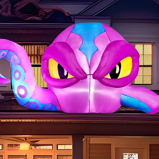 6.2 FT Long Purple Octopus Head Halloween Inflatable with Tentacles Broke Out from Window with Built-in LEDs Blow Up for Halloween Window Decor, Outdoor Yard Garden Lawn Party Decoration