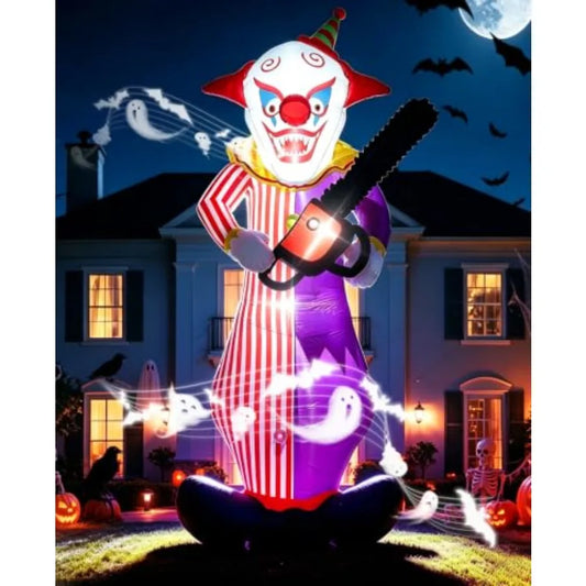 Outdoor Halloween inflatable decoration: PVC, white and red, motion-activated screaming clown with LED lights, 12FT tall for ya