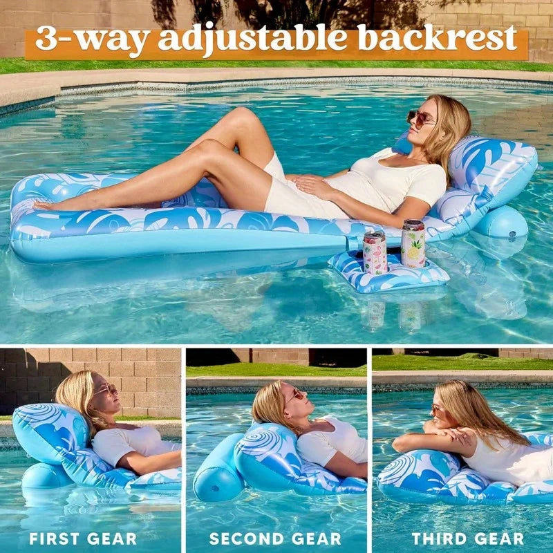 JOYFY Adjustable Backrest Pool Floats-Tropical Leaves Pool Lounger Floaties Adults with Cup Holders Inflatable Tanning Float