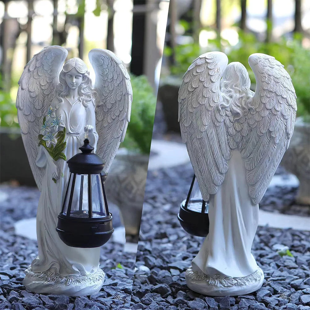 Solar Angel Statue Light Auto On & Off Decorative Angel Figurine Lantern Fairy Figurine Decor Lamp for Outside Yard Art Patio