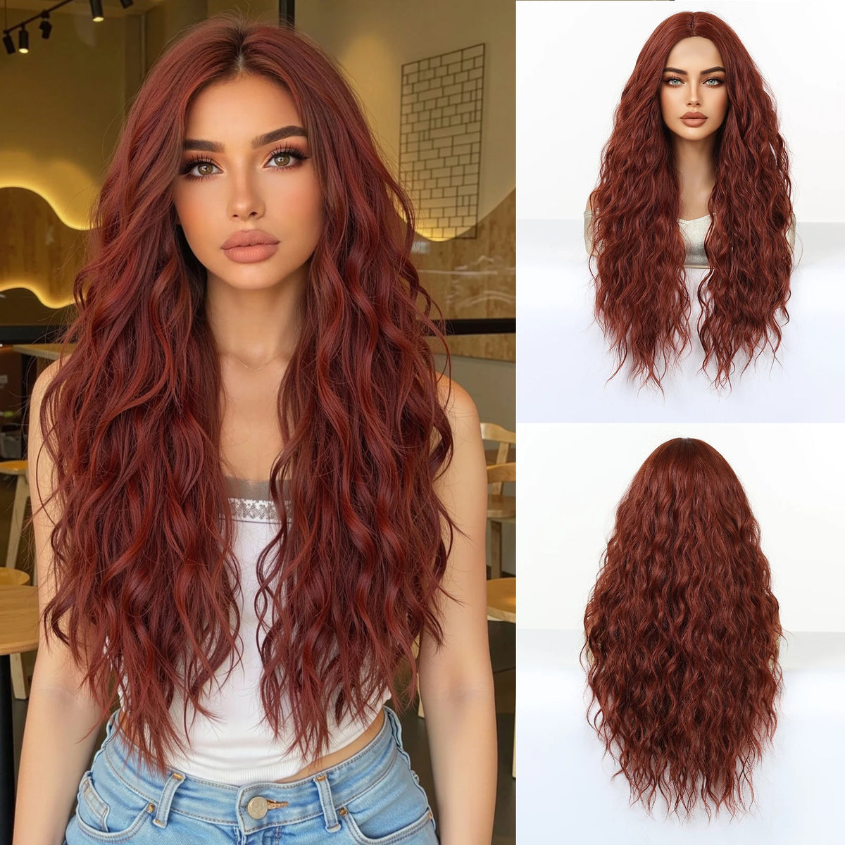 TopShe 28 Inch Burgundy Long Wavy Synthetic Wig for Women Heat Resistant Dark Red Wine Red Center Part Bouncy Curly Hair Wigs Natural Looking Soft Hairpiece Daily Wear Cosplay Costume Halloween Party Festival Gift