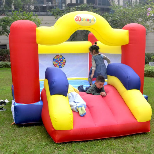 Outdoor Play Bounce House with Slide Inflatable Bouncer Backyard Playground Sets with Blower, Dart Target Game for Kids