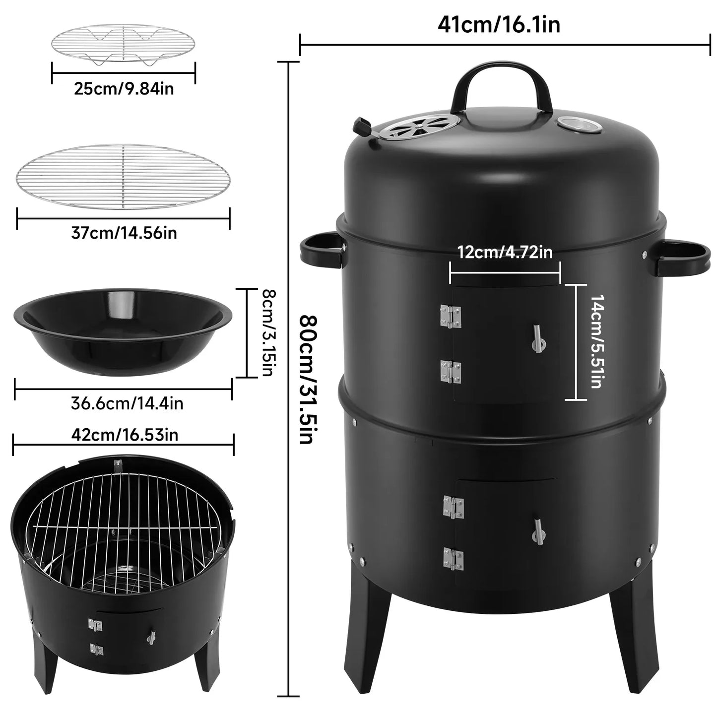 3 in 1 Smoked Grill Has Grilling Vertical Portable Smoker Grill Detachable 2 Layers for Camping Outdoor BBQ Cooking Black