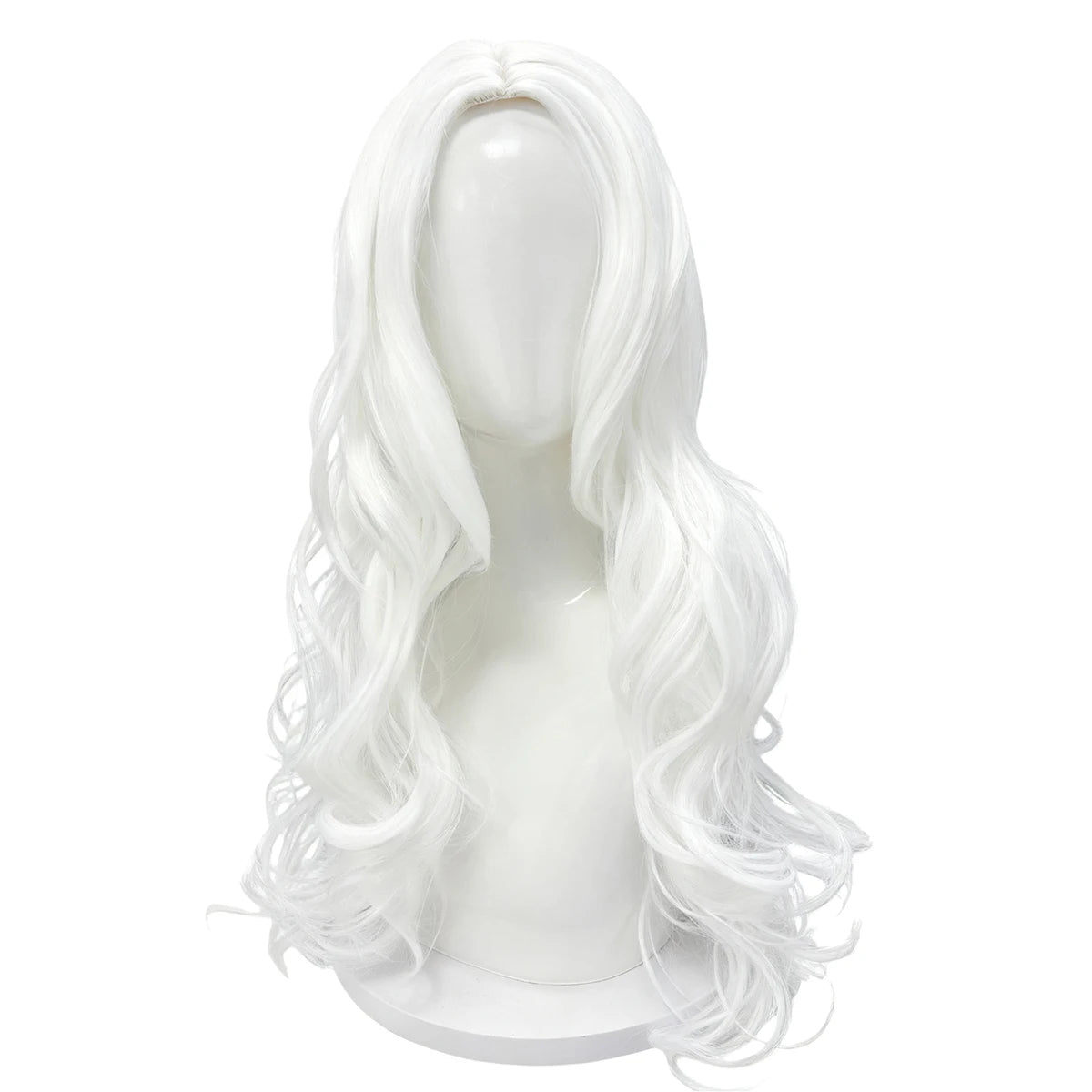 Pure White Premium Synthetic Fiber Long Curly Wig Big Waves Fluffy Voluminous Spiral Curls Middle Part with Bangs Heat Resistant Adjustable Cap for Women Girls Cosplay Party Halloween Costume Role Play Stage Show Photo Shoot