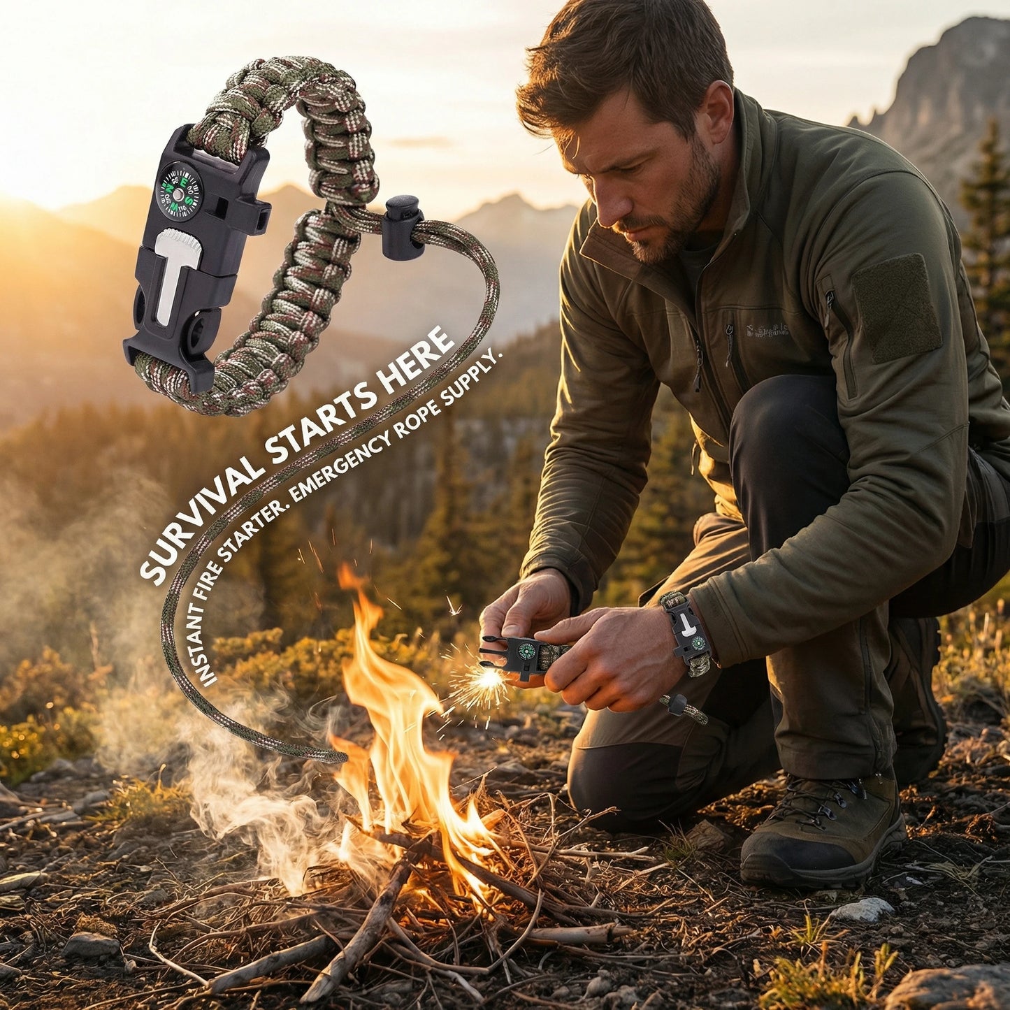 Outdoor Bracelets for Men and Women Adjustable Survival Paracord Bracelet with 11.8 Ft Nylon Cord, Flint Fire Starter, Camping