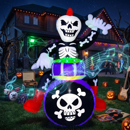 6FT Skeleton Plays Drums Inflatable Decoration with Music – Built-in Music Track & Bluetooth Speaker, Spooky Halloween Blow Up Decoration for Yard Lawn Indoor Outdoor