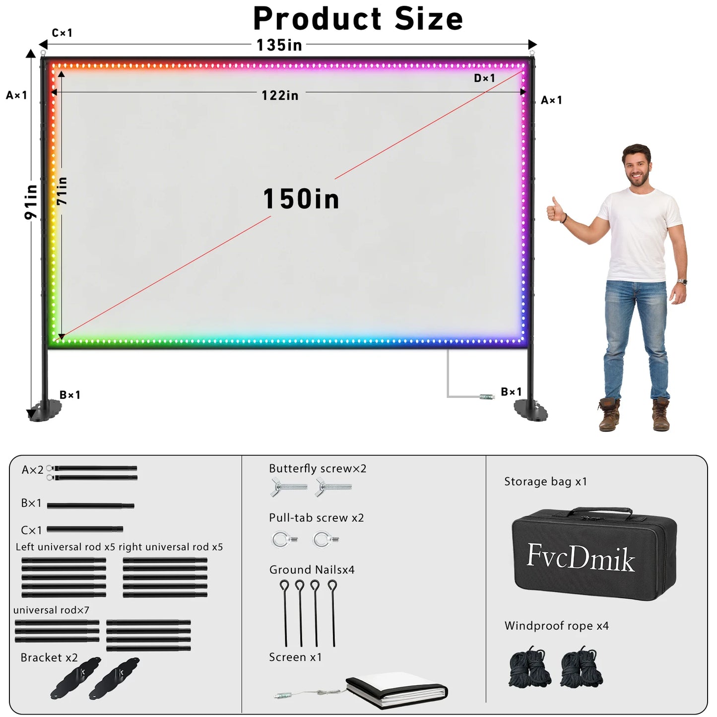 LED Projector Screen with Stand for Sports Events & Football Match, 150 inch 16:9 4K HD Portable Outdoor Movie Screen, Wrinkle-Free Foldable Indoor Projection Screen with Carry Bag & Ground Nails for Backyard Cinema Home Thea