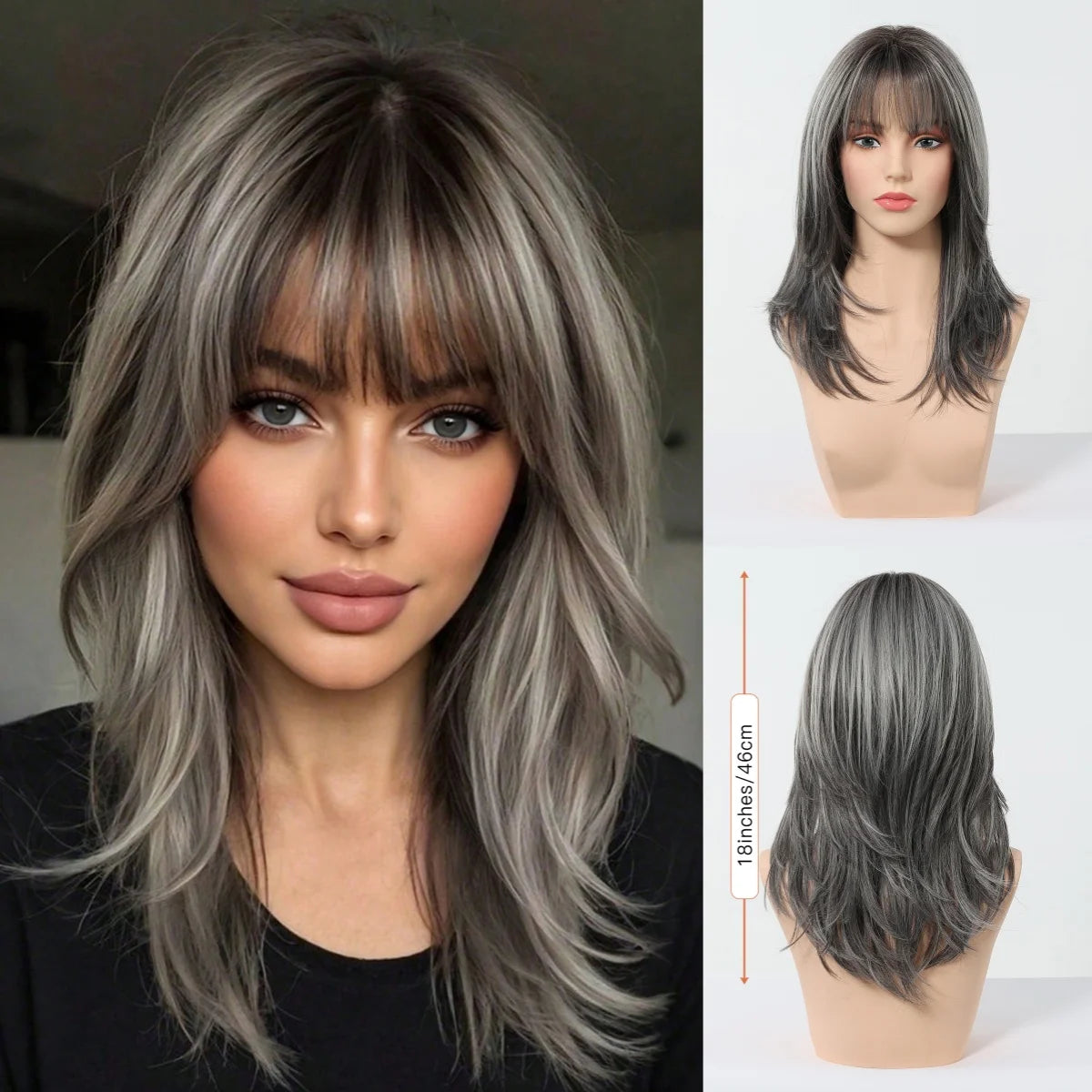 Halloween Wig TopShe Medium Length Wig Grey Curly Wig for Woman 18 inch Heat Resistant Silver Grey Synthetic Wig Layered Medium Long Shaggy Hair Wig osplay Costume Party Daily Wear Natural Ash Grey Salt and Pepper Hairpiece F