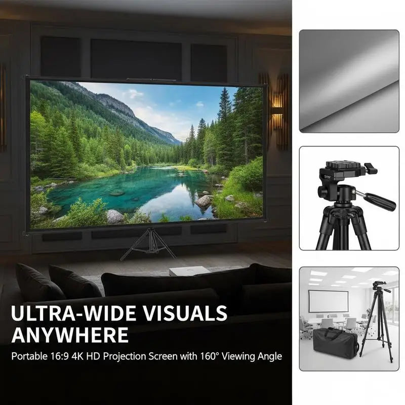 Portable Projection Display 110inch 16:9 4K HD Movie Screen with Tripod For Home Cinema, Outdoor Gaming, Office Presentation, Wrinkle-Free Surface Height Adjustable Manual Folding Structure
