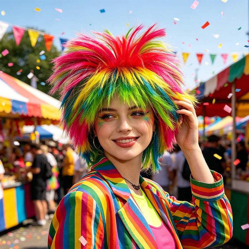 Rainbow Spiky Wig Synthetic Short Fluffy Messy Punk Rock Multi Color Costume Wig Halloween Cosplay Party Carnival 80s Retro