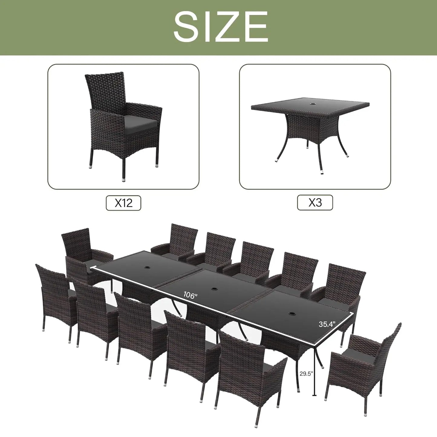 15-Piece Rattan Outdoor Dining Set Square Tempered Glass Table w Umbrella Hole & 12 Chairs Grey Customized