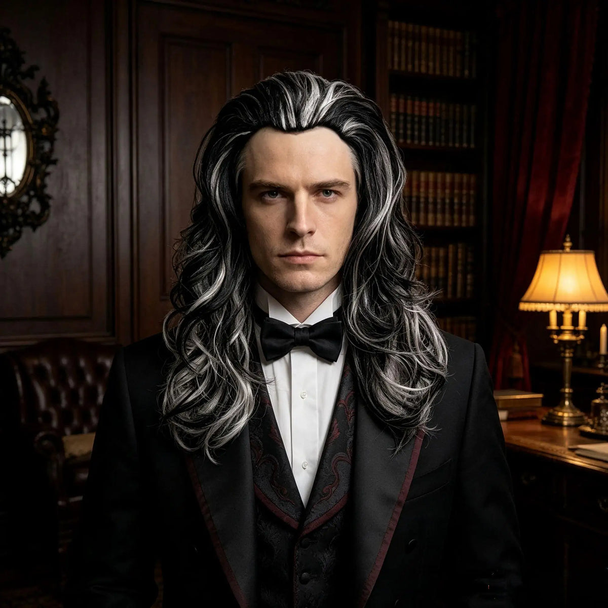 Black Silver White Highlights Premium Synthetic Fiber Long Curly Wig Big Waves Fluffy Voluminous Messy Layered Hair with Bangs Side Part Heat Resistant Adjustable Cap for  Cosplay Party Halloween Costume Role Play Stage Show