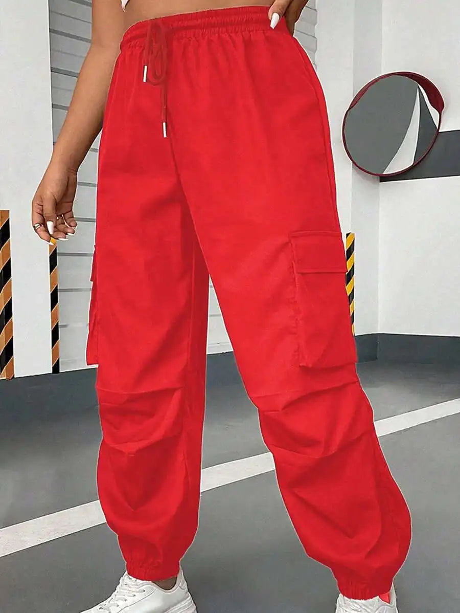 Flirla Plus Size Solid Color Drawstring Casual Cargo Pants With Pockets Fall Cloth For Women