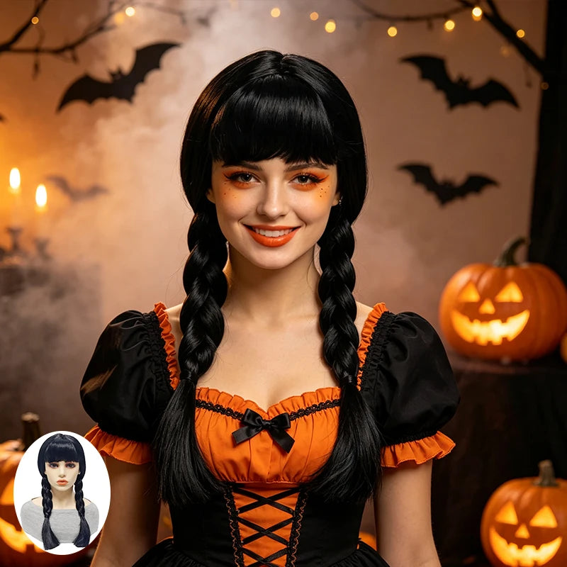 Black Synthetic Fiber Heat Resistant Low Shedding Cosplay Wig with Bangs Double Braids Side Long Hair Shiny Smooth Adjustable Cap for Women Girls Party Halloween Costume Role Play Stage Show Photo Shoot Daily Use