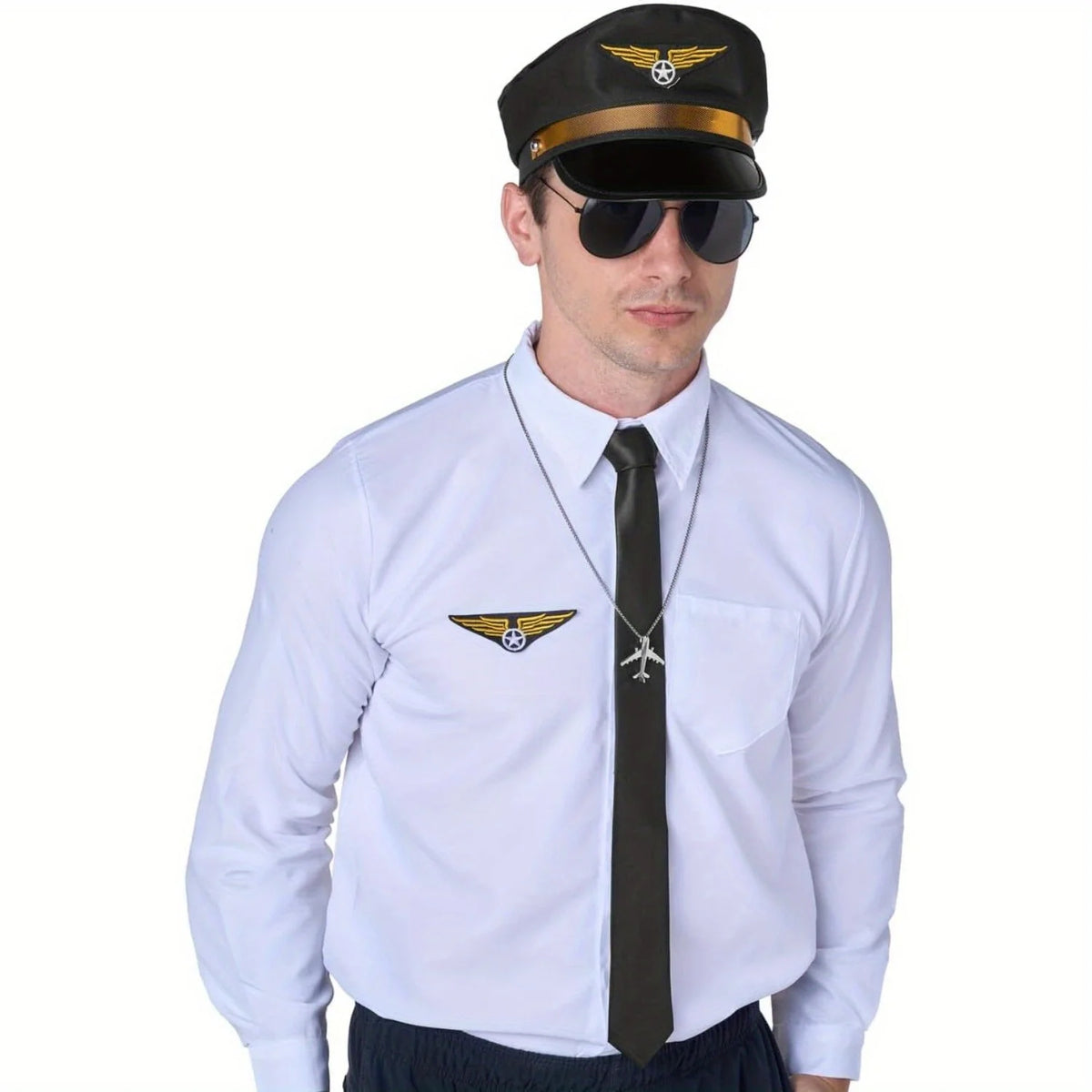 Creations Airline Pilot Captain Costume Kit 5 PCS Pilot Dress up Accessory Set with Sunglasses Tie Piot Hat Wings Patch and Necklace for Halloween Themed Dress Up Party