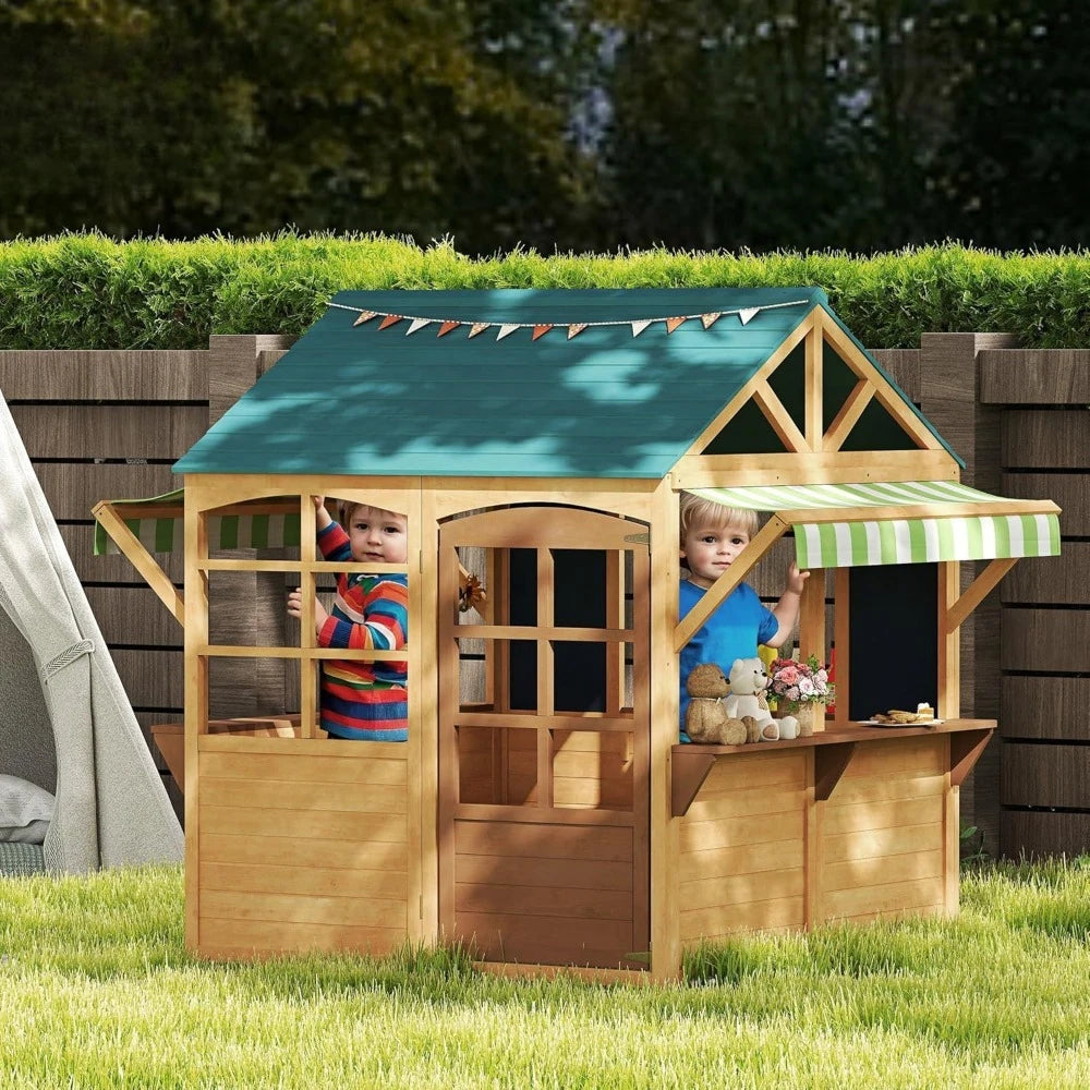 Foldable Outdoor Playhouse, Wooden Cabin with Windows, Hinged Door, Bar, and Waterproof Cover; Customizable