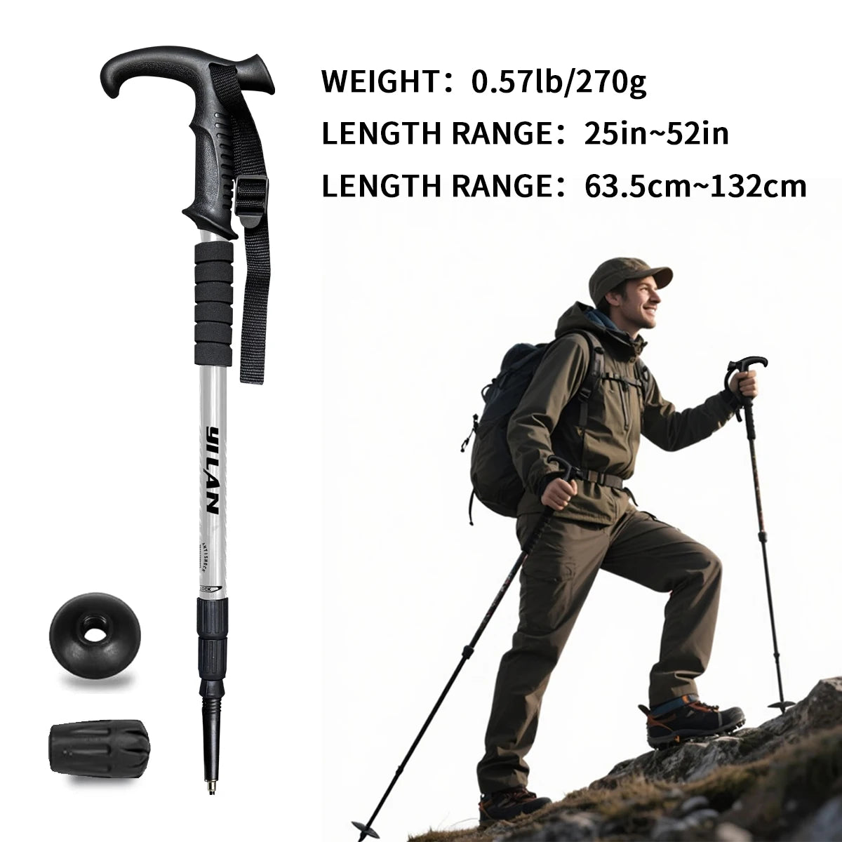 Ultralight hiking poles with shock absorption and quick-locking system, made of aluminum alloy, suitable for outdoor mountaineering, hiking, trekking, backpacking, and camping.