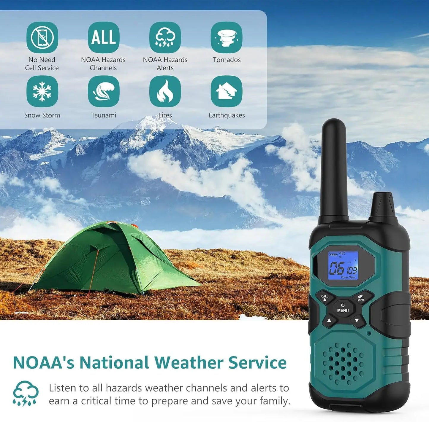 Long Range Rechargeable Walkie Talkies 6 Pack, FRS 2 Way Radios with NOAA USB Chargers for Camping Work Family