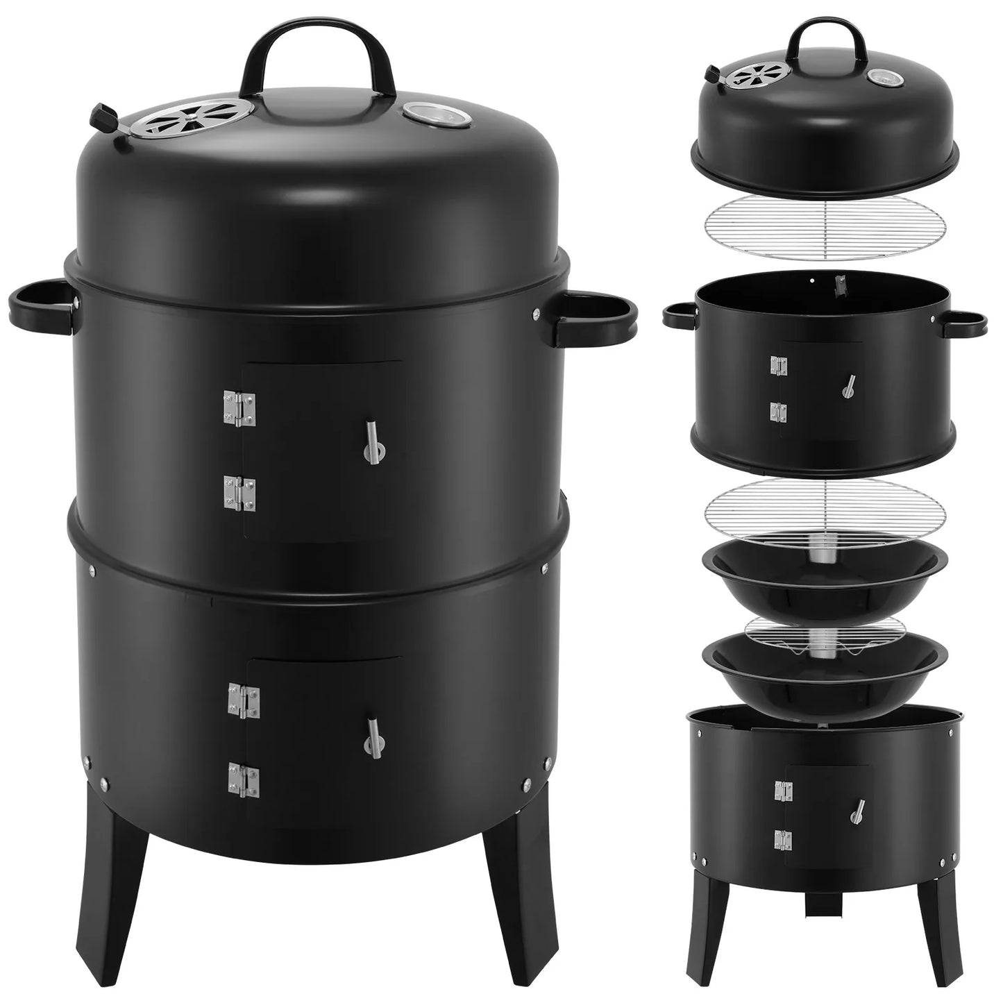 3 in 1 Smoked Grill Has Grilling Vertical Portable Smoker Grill Detachable 2 Layers for Camping Outdoor BBQ Cooking Black